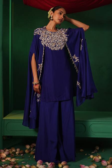 Kesar Studio Blue Silk Embroidery, Pearls, Beads Round Neck Noor Floral Kurta Set at Aza Fashions Kesar Studio_Blue Silk Embroidery, Pearls, Beads Round Neck Noor Floral Kurta Set_at_Aza_Fashions