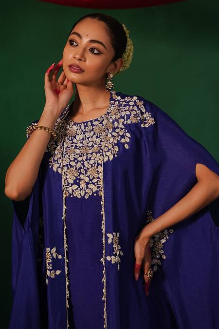 Buy Kesar Studio Blue Silk Embroidery, Pearls, Beads Round Neck Noor Floral Kurta Set Buy_Kesar Studio_Blue Silk Embroidery, Pearls, Beads Round Neck Noor Floral Kurta Set