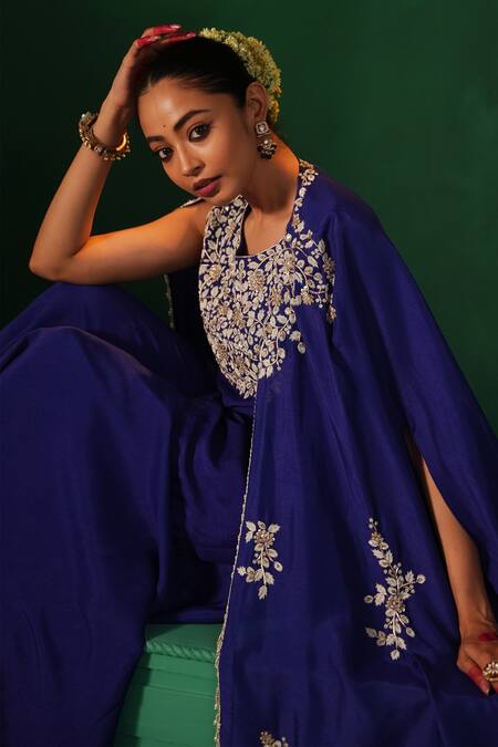 Shop Kesar Studio Blue Silk Embroidery, Pearls, Beads Round Neck Noor Floral Kurta Set Shop_Kesar Studio_Blue Silk Embroidery, Pearls, Beads Round Neck Noor Floral Kurta Set