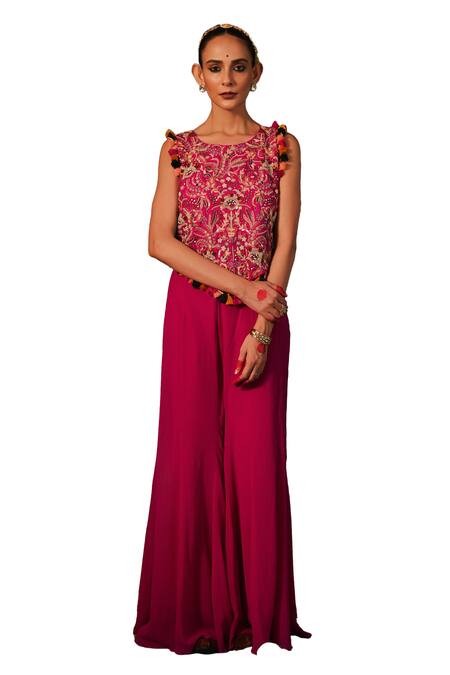 Kesar Studio_Pink Silk, Georgette Rang De Basanti Hand Embroidered Bandeau With Bell Pant_Online_at_Aza_Fashions