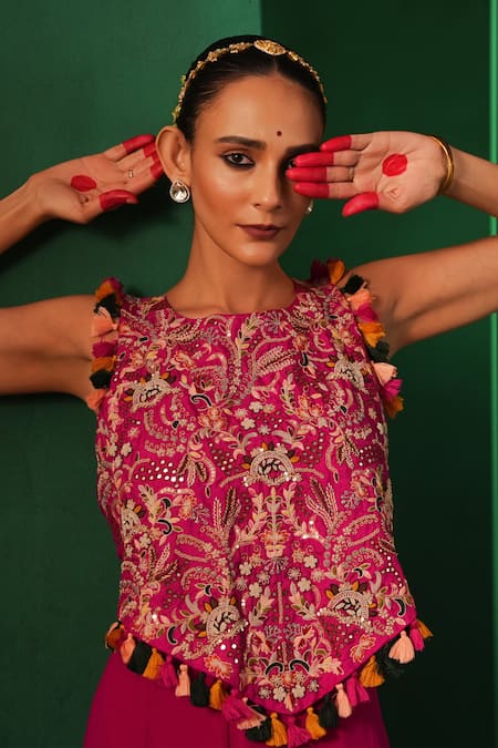 Buy_Kesar Studio_Pink Silk, Georgette Rang De Basanti Hand Embroidered Bandeau With Bell Pant_Online_at_Aza_Fashions