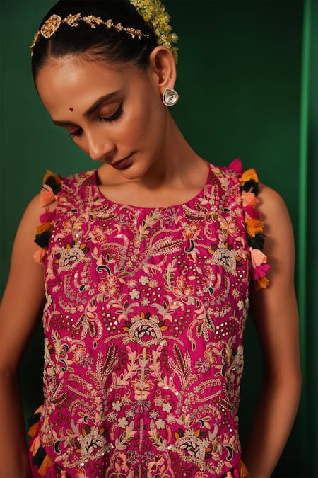 Shop_Kesar Studio_Pink Silk, Georgette Rang De Basanti Hand Embroidered Bandeau With Bell Pant_Online_at_Aza_Fashions