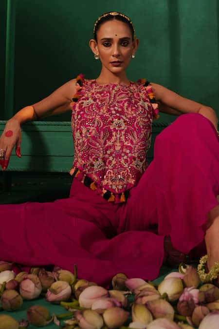 Kesar Studio_Pink Silk, Georgette Rang De Basanti Hand Embroidered Bandeau With Bell Pant_at_Aza_Fashions