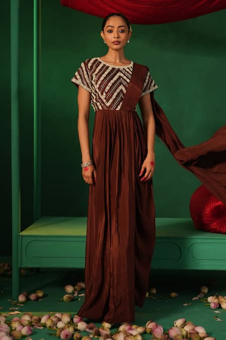 Kesar Studio Brown Crepe Handwork Moti Round Resham Detailed Drape Gown 