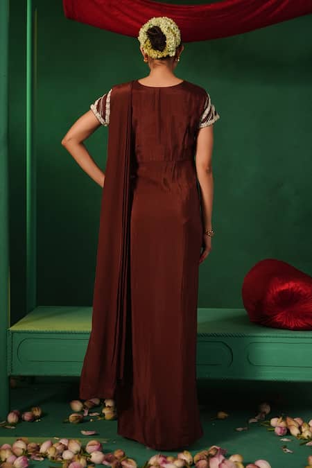 Shop Kesar Studio Brown Silk, Crepe Mirrors Round Neck Resham Moti Detailed Drape Gown at Aza Fashions Shop_Kesar Studio_Brown Silk, Crepe Mirrors Round Neck Resham Moti Detailed Drape Gown_at_Aza_Fashions