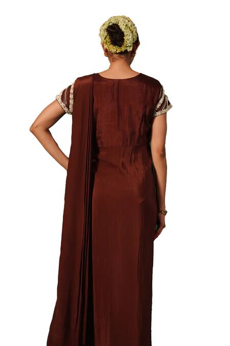 Kesar Studio Brown Silk, Crepe Mirrors Round Neck Resham Moti Detailed Drape Gown Online at Aza Fashions Kesar Studio_Brown Silk, Crepe Mirrors Round Neck Resham Moti Detailed Drape Gown_Online_at_Aza_Fashions