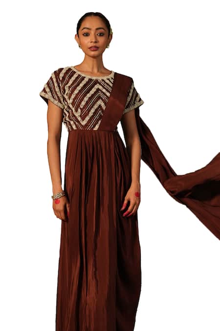 Buy Kesar Studio Brown Silk, Crepe Mirrors Round Neck Resham Moti Detailed Drape Gown Online at Aza Fashions Buy_Kesar Studio_Brown Silk, Crepe Mirrors Round Neck Resham Moti Detailed Drape Gown_Online_at_Aza_Fashions