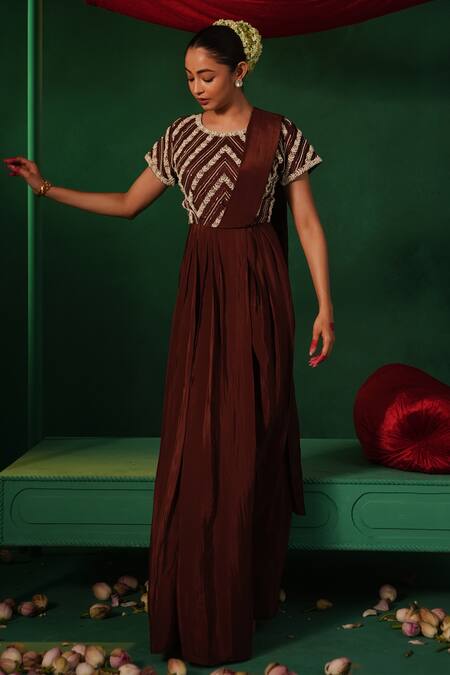 Shop Kesar Studio Brown Silk, Crepe Mirrors Round Neck Resham Moti Detailed Drape Gown Online at Aza Fashions Shop_Kesar Studio_Brown Silk, Crepe Mirrors Round Neck Resham Moti Detailed Drape Gown_Online_at_Aza_Fashions