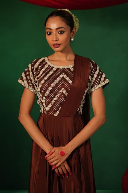 Kesar Studio_Brown Silk, Crepe Mirrors Round Neck Resham Moti Detailed Drape Gown_at_Aza_Fashions