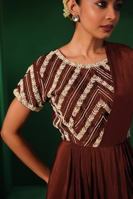 Buy Kesar Studio Brown Silk, Crepe Mirrors Round Neck Resham Moti Detailed Drape Gown Buy_Kesar Studio_Brown Silk, Crepe Mirrors Round Neck Resham Moti Detailed Drape Gown