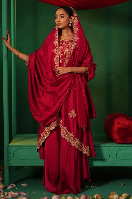 Kesar Studio_Red Silk Embroidery, Zari Round Neck Flower Hand Kurta Set_Online_at_Aza_Fashions