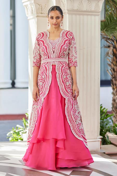 Osaa by Adarsh Pink Organza Embroidery Floral Jacket Open Scarlet Zardozi Long Skirt Set 