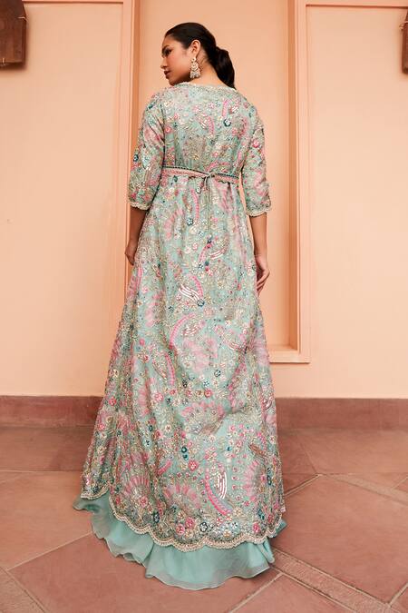 Shop Osaa By Adarsh Blue Organza Sequins, Zari, Beads Open Floral Embroidered Long Jacket Skirt Set at Aza Fashions Shop_Osaa By Adarsh_Blue Organza Sequins, Zari, Beads Open Floral Embroidered Long Jacket Skirt Set_at_Aza_Fashions