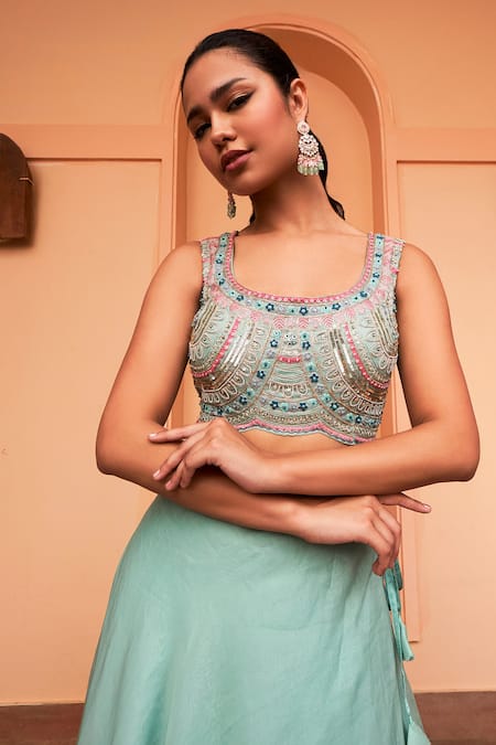 Osaa By Adarsh Blue Organza Sequins, Zari, Beads Open Floral Embroidered Long Jacket Skirt Set Online at Aza Fashions Osaa By Adarsh_Blue Organza Sequins, Zari, Beads Open Floral Embroidered Long Jacket Skirt Set_Online_at_Aza_Fashions