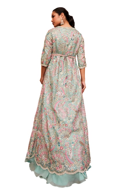 Osaa By Adarsh Blue Organza Sequins, Zari, Beads Open Floral Embroidered Long Jacket Skirt Set at Aza Fashions Osaa By Adarsh_Blue Organza Sequins, Zari, Beads Open Floral Embroidered Long Jacket Skirt Set_at_Aza_Fashions