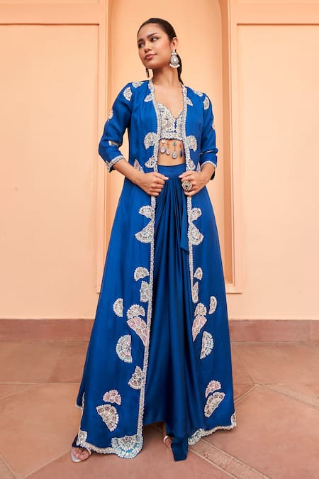 Osaa by Adarsh Blue Organza Embroidery Floral Jacket Open Neck Long Draped Skirt Set 