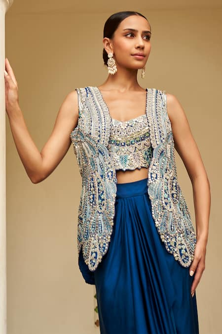 Osaa By Adarsh_Blue Organza Beads, Zari Open Zardozi Embroidered Short Jacket Draped Skirt Set_Online_at_Aza_Fashions
