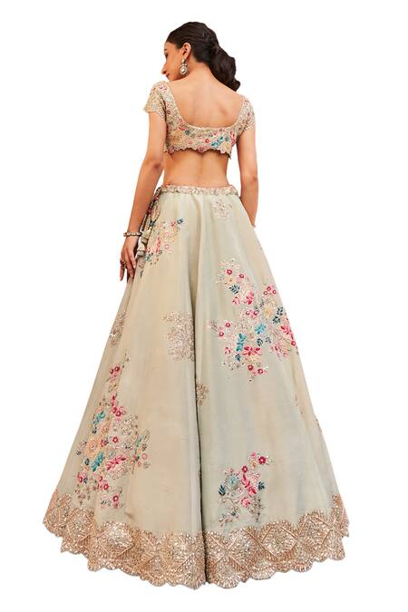 Osaa By Adarsh_Green Silk, Tissue Embroidery, Sequins, Zari Flower Vine Bridal Lehenga Set_Online_at_Aza_Fashions