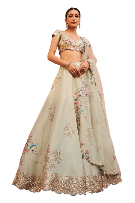 Shop_Osaa By Adarsh_Green Silk, Tissue Embroidery, Sequins, Zari Flower Vine Bridal Lehenga Set_Online_at_Aza_Fashions