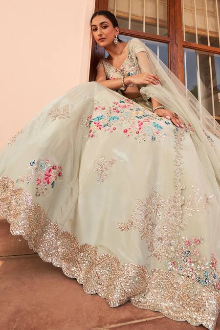 Osaa By Adarsh_Green Silk, Tissue Embroidery, Sequins, Zari Flower Vine Bridal Lehenga Set_at_Aza_Fashions