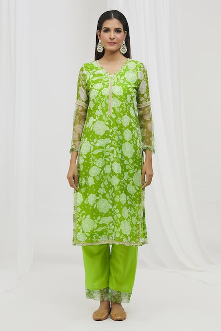 Buy Yuvraani Jaipur Green Chanderi, Cotton, Organza Embroidery, Floral Pattern Straight Kurta Set Buy_Yuvraani Jaipur_Green Chanderi, Cotton, Organza Embroidery, Floral Pattern Straight Kurta Set