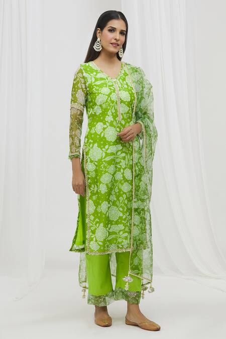 Shop Yuvraani Jaipur Green Chanderi, Cotton, Organza Embroidery, Floral Pattern Straight Kurta Set Online at Aza Fashions Shop_Yuvraani Jaipur_Green Chanderi, Cotton, Organza Embroidery, Floral Pattern Straight Kurta Set _Online_at_Aza_Fashions