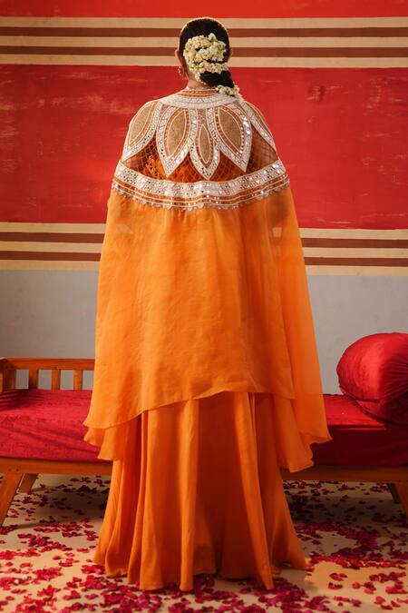 Shop Kesar Studio Orange Silk, Organza Mirrors, Lace, Cut Jaal Embroidered Cape With Lehenga Set at Aza Fashions Shop_Kesar Studio_Orange Silk, Organza Mirrors, Lace, Cut Jaal Embroidered Cape With Lehenga Set_at_Aza_Fashions