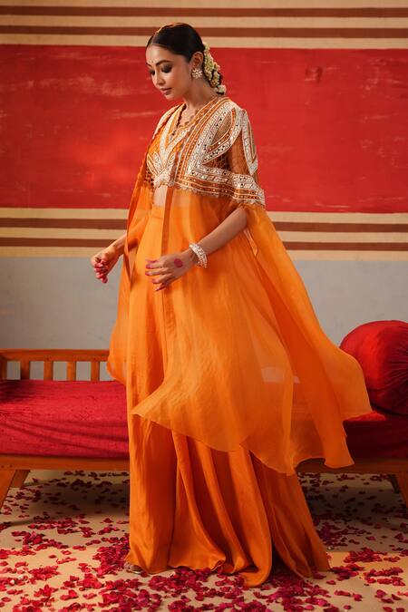 Buy Kesar Studio Orange Silk, Organza Mirrors, Lace, Cut Jaal Embroidered Cape With Lehenga Set Online at Aza Fashions Buy_Kesar Studio_Orange Silk, Organza Mirrors, Lace, Cut Jaal Embroidered Cape With Lehenga Set_Online_at_Aza_Fashions