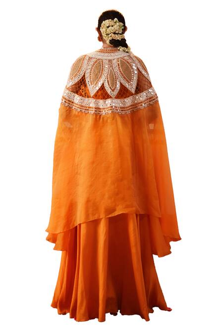 Buy Kesar Studio Orange Silk, Organza Mirrors, Lace, Cut Jaal Embroidered Cape With Lehenga Set Buy_Kesar Studio_Orange Silk, Organza Mirrors, Lace, Cut Jaal Embroidered Cape With Lehenga Set