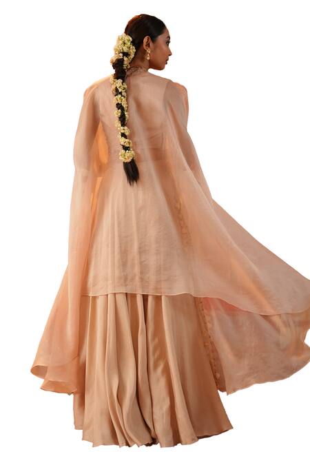 Kesar Studio Peach Silk, Organza Morning Glory Sheer Embellished Cape With Lehenga Set Online at Aza Fashions Kesar Studio_Peach Silk, Organza Morning Glory Sheer Embellished Cape With Lehenga Set_Online_at_Aza_Fashions