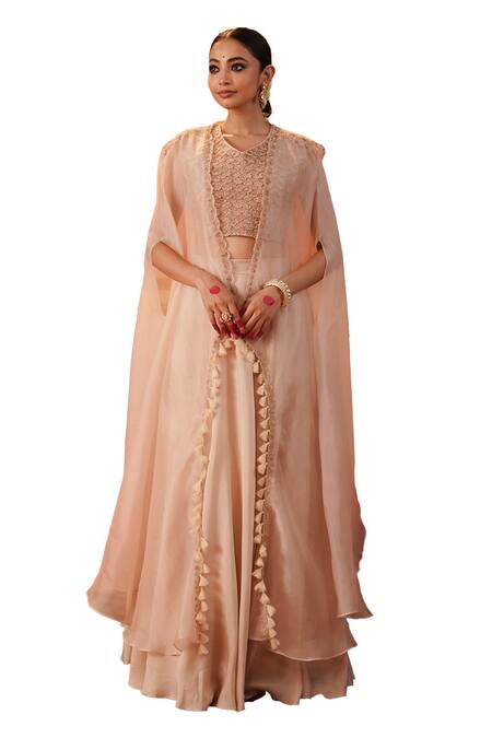 Buy Kesar Studio Peach Silk, Organza Morning Glory Sheer Embellished Cape With Lehenga Set Online at Aza Fashions Buy_Kesar Studio_Peach Silk, Organza Morning Glory Sheer Embellished Cape With Lehenga Set_Online_at_Aza_Fashions
