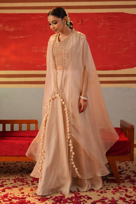 Shop_Kesar Studio_Peach Silk, Organza Morning Glory Sheer Embellished Cape With Lehenga Set_Online_at_Aza_Fashions