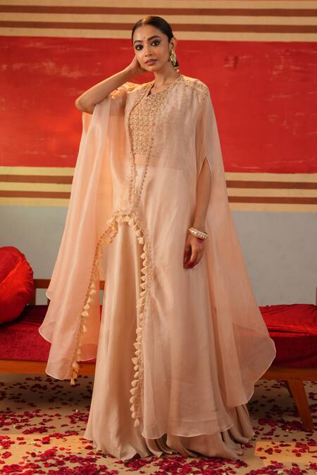 Kesar Studio_Peach Silk, Organza Morning Glory Sheer Embellished Cape With Lehenga Set_at_Aza_Fashions