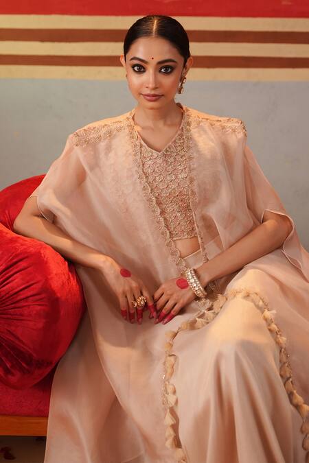 Buy Kesar Studio Peach Silk, Organza Morning Glory Sheer Embellished Cape With Lehenga Set Buy_Kesar Studio_Peach Silk, Organza Morning Glory Sheer Embellished Cape With Lehenga Set