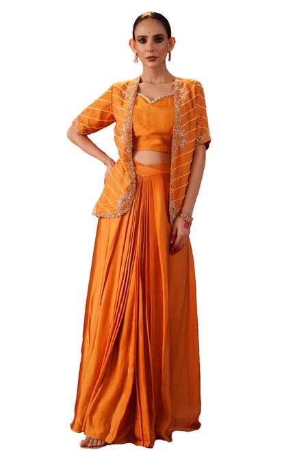Kesar Studio_Orange Silk, Satin Embroidery, Mirrors Dhara Jacket With Skirt Set_Online_at_Aza_Fashions