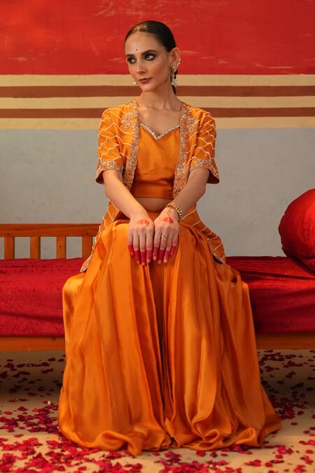 Buy_Kesar Studio_Orange Silk, Satin Embroidery, Mirrors Dhara Jacket With Skirt Set_Online_at_Aza_Fashions