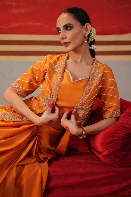 Kesar Studio_Orange Silk, Satin Embroidery, Mirrors Dhara Jacket With Skirt Set_at_Aza_Fashions