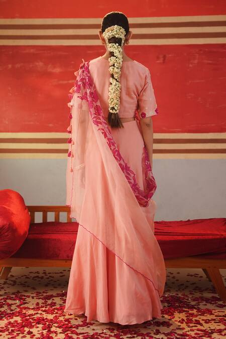 Shop Kesar Studio Pink Silk, Organza Pearls, Applique V-neck Roobaroo Blouse Lehenga Set at Aza Fashions Shop_Kesar Studio_Pink Silk, Organza Pearls, Applique V-neck Roobaroo Blouse Lehenga Set_at_Aza_Fashions