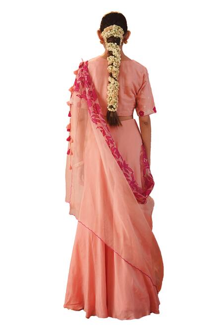 Kesar Studio Pink Silk, Organza Pearls, Applique V-neck Roobaroo Blouse Lehenga Set Online at Aza Fashions Kesar Studio_Pink Silk, Organza Pearls, Applique V-neck Roobaroo Blouse Lehenga Set_Online_at_Aza_Fashions