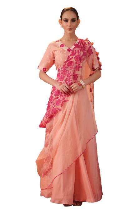 Buy Kesar Studio Pink Silk, Organza Pearls, Applique V-neck Roobaroo Blouse Lehenga Set Online at Aza Fashions Buy_Kesar Studio_Pink Silk, Organza Pearls, Applique V-neck Roobaroo Blouse Lehenga Set_Online_at_Aza_Fashions
