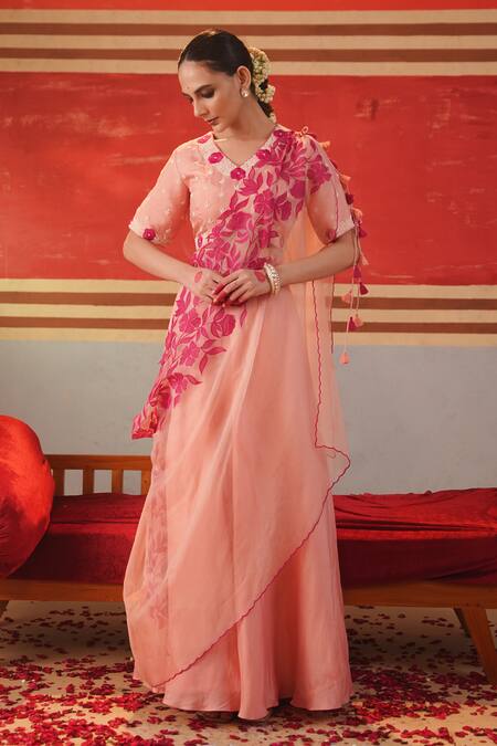 Shop Kesar Studio Pink Silk, Organza Pearls, Applique V-neck Roobaroo Blouse Lehenga Set Online at Aza Fashions Shop_Kesar Studio_Pink Silk, Organza Pearls, Applique V-neck Roobaroo Blouse Lehenga Set_Online_at_Aza_Fashions