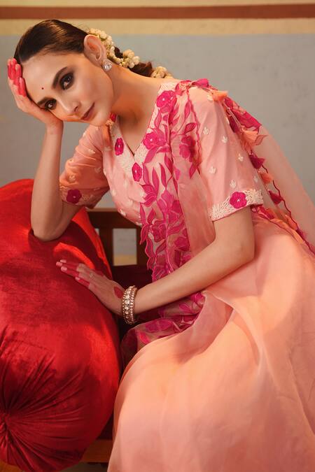 Kesar Studio Pink Silk, Organza Pearls, Applique V-neck Roobaroo Blouse Lehenga Set at Aza Fashions Kesar Studio_Pink Silk, Organza Pearls, Applique V-neck Roobaroo Blouse Lehenga Set_at_Aza_Fashions