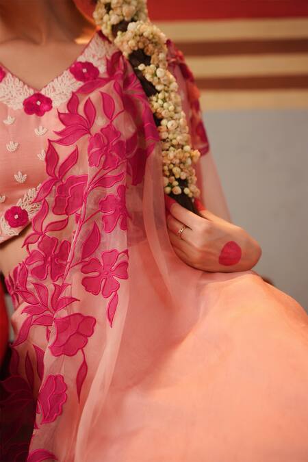 Buy Kesar Studio Pink Silk, Organza Pearls, Applique V-neck Roobaroo Blouse Lehenga Set Buy_Kesar Studio_Pink Silk, Organza Pearls, Applique V-neck Roobaroo Blouse Lehenga Set