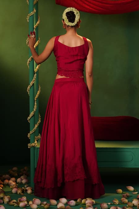 Shop Kesar Studio Red Silk, Organza Embroidery, Cut Ruhaniyaat Floral Hand Blouse With Lehenga at Aza Fashions Shop_Kesar Studio_Red Silk, Organza Embroidery, Cut Ruhaniyaat Floral Hand Blouse With Lehenga_at_Aza_Fashions