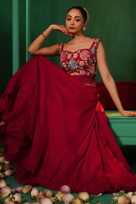Buy Kesar Studio Red Silk, Organza Embroidery, Cut Ruhaniyaat Floral Hand Blouse With Lehenga Online at Aza Fashions Buy_Kesar Studio_Red Silk, Organza Embroidery, Cut Ruhaniyaat Floral Hand Blouse With Lehenga_Online_at_Aza_Fashions