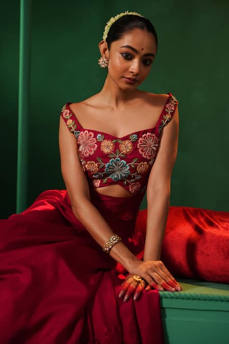 Shop Kesar Studio Red Silk, Organza Embroidery, Cut Ruhaniyaat Floral Hand Blouse With Lehenga Online at Aza Fashions Shop_Kesar Studio_Red Silk, Organza Embroidery, Cut Ruhaniyaat Floral Hand Blouse With Lehenga_Online_at_Aza_Fashions