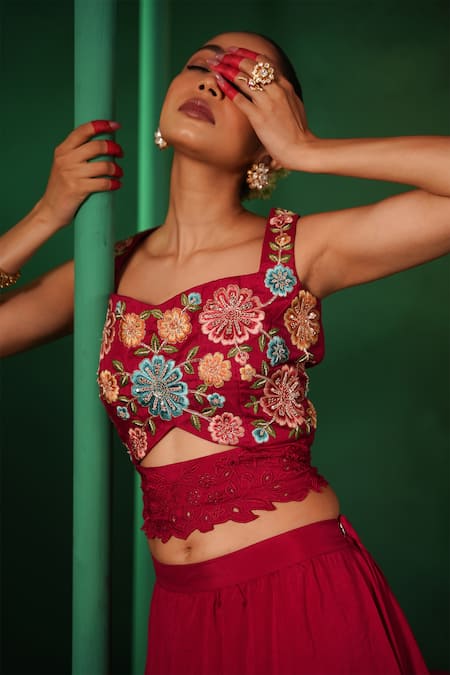 Kesar Studio Red Silk, Organza Embroidery, Cut Ruhaniyaat Floral Hand Blouse With Lehenga at Aza Fashions Kesar Studio_Red Silk, Organza Embroidery, Cut Ruhaniyaat Floral Hand Blouse With Lehenga_at_Aza_Fashions