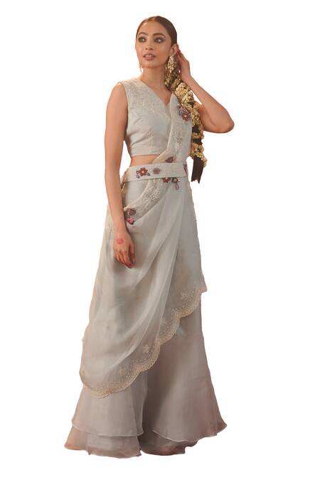 Kesar Studio_Blue Silk, Organza Pearls V-neck Serein Hand Embroidered Blouse Lehenga Set_Online_at_Aza_Fashions