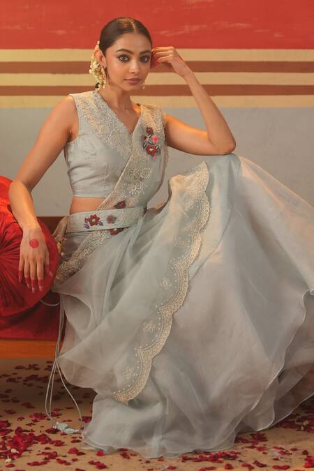 Buy_Kesar Studio_Blue Silk, Organza Pearls V-neck Serein Hand Embroidered Blouse Lehenga Set_Online_at_Aza_Fashions