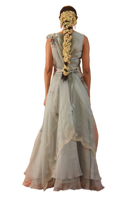 Buy_Kesar Studio_Blue Silk, Organza Pearls V-neck Serein Hand Embroidered Blouse Lehenga Set